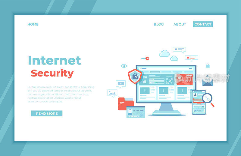 Internet Security. User s personal data protection, safety confidentiality, safe network. Monitor and phone with shield and lock. Password request and username. landing page template or banner. Vector